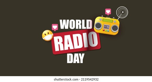 Vector World radio day horizontal banner with old cassette stereo player isolated on abstract grey background. Cartoon funky hipster Radio day banner, label, sign, icon or poster with radio