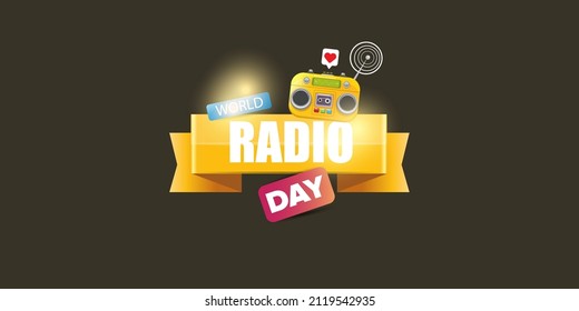 Vector World radio day horizontal banner with old cassette stereo player isolated on abstract grey background. Cartoon funky hipster Radio day banner, label, sign, icon or poster with radio