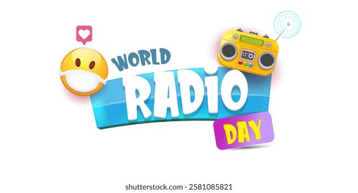 Vector World radio day horizontal banner with old cassette stereo player isolated isolated on white background. Cartoon funny world Radio day banner, label, sign, icon or poster with radio