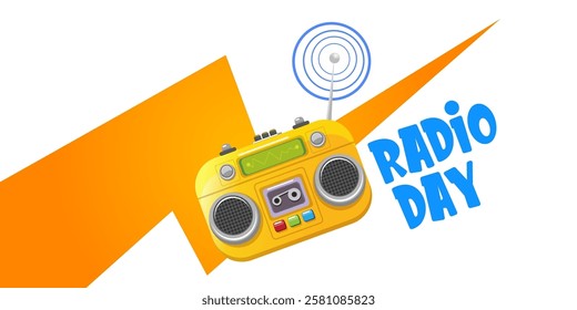 Vector World radio day horizontal banner with old cassette stereo player isolated isolated on white background. Cartoon funny world Radio day banner, label, sign, icon or poster with radio