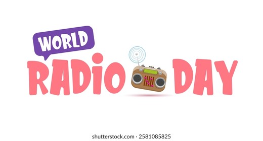 Vector World radio day horizontal banner with old cassette stereo player isolated isolated on white background. Cartoon funny world Radio day banner, label, sign, icon or poster with radio