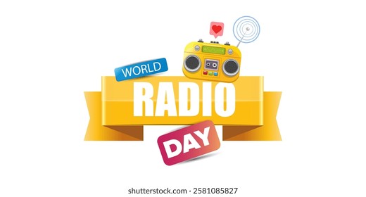 Vector World radio day horizontal banner with old cassette stereo player isolated isolated on white background. Cartoon funny world Radio day banner, label, sign, icon or poster with radio