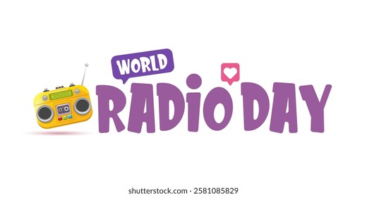 Vector World radio day horizontal banner with old cassette stereo player isolated isolated on white background. Cartoon funny world Radio day banner, label, sign, icon or poster with radio