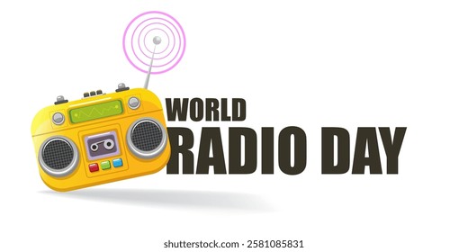 Vector World radio day horizontal banner with old cassette stereo player isolated isolated on white background. Cartoon funny world Radio day banner, label, sign, icon or poster with radio