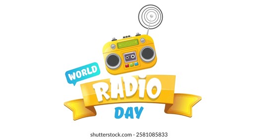 Vector World radio day horizontal banner with old cassette stereo player isolated isolated on white background. Cartoon funny world Radio day banner, label, sign, icon or poster with radio