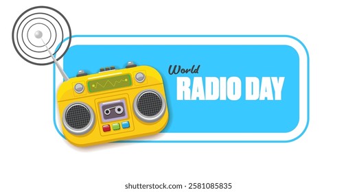 Vector World radio day horizontal banner with old cassette stereo player isolated isolated on white background. Cartoon funny world Radio day banner, label, sign, icon or poster with radio