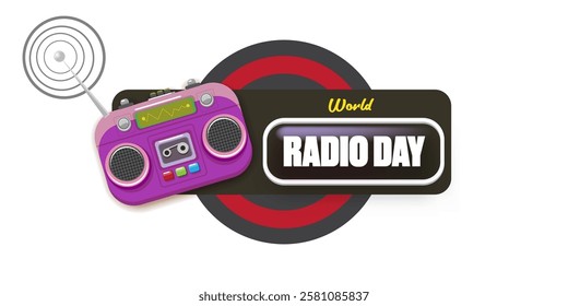 Vector World radio day horizontal banner with old cassette stereo player isolated isolated on white background. Cartoon funny world Radio day banner, label, sign, icon or poster with radio