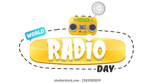 Vector World radio day horizontal banner with old cassette stereo player isolated isolated on white background. Cartoon funny world Radio day banner, label, sign, icon or poster with radio