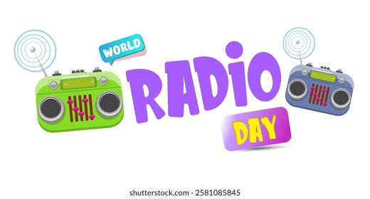 Vector World radio day horizontal banner with old cassette stereo player isolated isolated on white background. Cartoon funny world Radio day banner, label, sign, icon or poster with radio