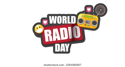 Vector World radio day horizontal banner with old cassette stereo player isolated isolated on white background. Cartoon funny world Radio day banner, label, sign, icon or poster with radio