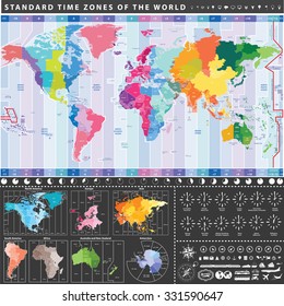 Vector world standard time zones map. All continent separately. Local time zones clocks signs. Navigation, location, travel and transportation icons