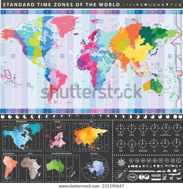 Vector world standard time zones map. All continent\
separately. Local time zones clocks signs. Navigation, location,\
travel and transportation\
icons