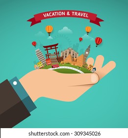 Vector of world travel and Holidays concept. Hand hold with famous monument around the world.