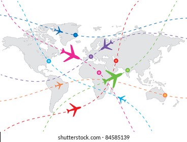 vector world travel map with airplanes