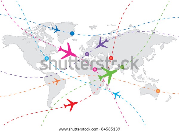 Vector World Travel Map Airplanes Stock Vector Royalty Free 84585139