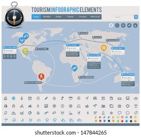 Vector world travel and tourism infographic elements. Includes world map and related icon set