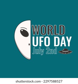 Vector world UFO day poster with an alien's head and 'World UFO day' inscription and a flying saucer, in the emerald green background.