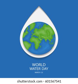 Vector world water day paper cut style include earth and water drop with blue background.