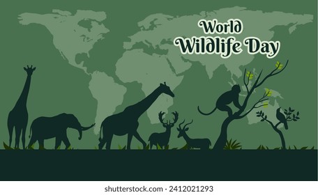 Día mundial de la vida salvaje vectorial, afiche o cartel del día mundial de la conservación de la vida silvestre, diseño de fondo plano con animales y naturaleza.   