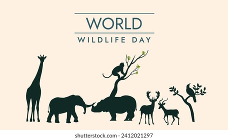 Vektorwelttag für Wildtiere, Weltnaturschutztagposter oder -banner, flaches Hintergrunddesign mit Tieren und Natur.   