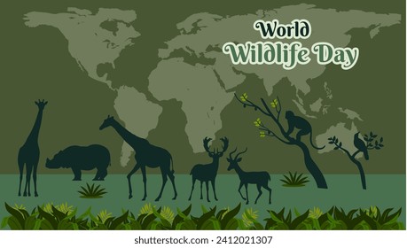 Vector world wildlife day, world wildlife conservation day poster or banner, flat background design with animals and nature.   