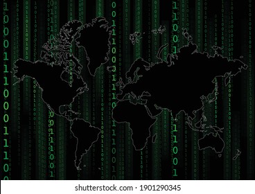 Vector :Worldmap and binary code on black background