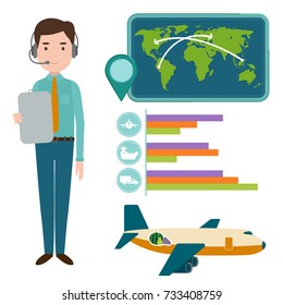 Vector worldwide manager man shipping heavy delivery ways and logistics in business warehouse illustration