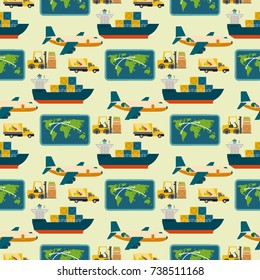 Vector worldwide shipping heavy delivery ways seamless pattern background logistics in business warehouse illustration