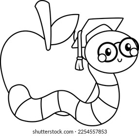 a vector of a worm and an apple in black and white coloring
