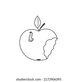 Vector wormy fruit icon. Bitten apple with a worm, black lines on a white background.