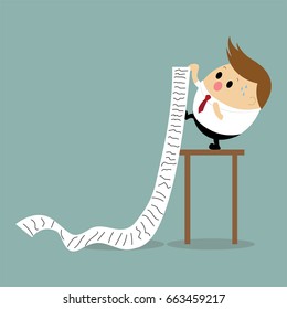 Vector of worries businessman with long billing paper