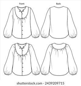 Vector woven  blouse fashion CAD, woman long sleeved shirt with button technical drawing, template, sketch, flat. Jersey or woven fabric 2 pieces set of blouse with front, back view, white color