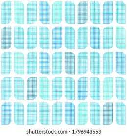 Vector woven fabric blue rounded rectangles seamless pattern background. Repeating linen textile texture.