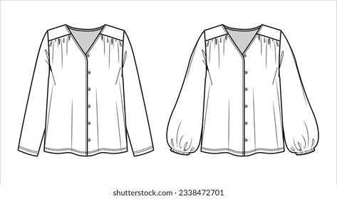 Vector woven V neck blouse fashion CAD, woman long sleeved shirt with button technical drawing, template, sketch, flat. Jersey or woven fabric 2 pieces set of blouse with front, back view, white color