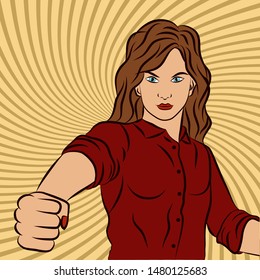 Vector wow pop art sexy strict girl, female feminist demands and asserts her rights, knocks with her fist. Retro color illustration in a comic style.