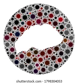 Vector Wrangel Island map collage of flu virus. Infection attacks the quarantine territory from out space. Stencils round Wrangel Island map collage created with infection parts.