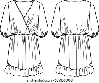 Vector wrap dress with short sleeves fashionCAD, elasticized waist dress with balloon sleeves technical drawing, sketch, flat, template. Jersey or woven fabric dress with front, back view, white color