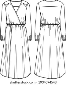 Vector wrap long sleeved maxi dress fashion CAD, woman v-neck long dress technical drawing, template, flat, sketch, mock up. Jersey or woven fabric dress with front, back view, white color