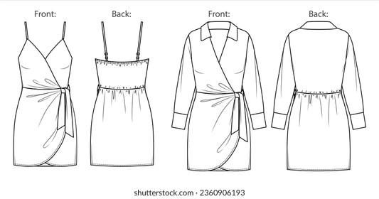 Vector wrap long sleeved mini dress fashion CAD, woman v-neck short dress with bow technical drawing, template, flat, sketch. Jersey or woven fabric 2 pcs set dress with front, back view, white color