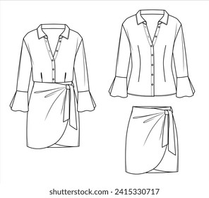 El vector envuelve la moda de la ropa de minicamisa de manga larga CAD, camiseta de cuello y minifalda de envoltura con dibujo técnico de arco, plantilla, plano, boceto. Tejidos de Jersey o tejidos 3 pcs de color blanco