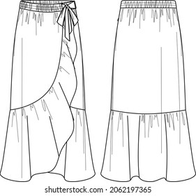 Vector wrapped long skirt technical drawing, template, flat, sketch. Maxi skirt fashion CAD with frills and bow detail. Woman maxi wrap skirt with front, back view, white color