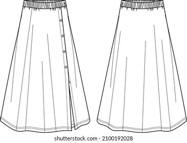 Vector wrapped skirt with buttons technical drawing, template, flat, sketch. Flared maxi skirt fashion CAD with waistband and buttons detail. Jersey or woven fabric skirt with front, back view, white