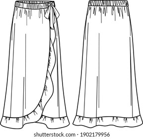 Vector wrapped skirt technical drawing, template, flat, sketch. Maxi skirt fashion CAD with frills and bow detail. Woman maxi wrap skirt with front, back view, white color