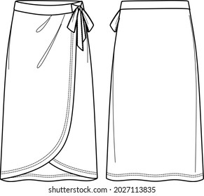 Vector wrapped skirt technical drawing, template, flat, sketch. Maxi skirt fashion CAD with frills and bow detail. Woman maxi wrap skirt with front, back view, white color