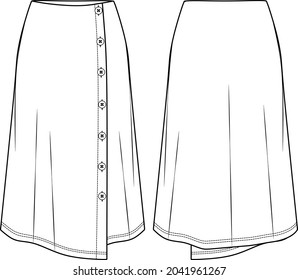 Vector wrapped skirt with wooden accessories technical drawing, template, flat, sketch. Maxi skirt fashion CAD with frills and buttons detail. Jersey or woven fabric skirt with front, back view, white