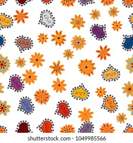 Vector. Wrapping paper. Valentine':s day. Heart Doodle. Drawing in sketch style on white, yellow and orange colors. Abstract seamless love pattern.