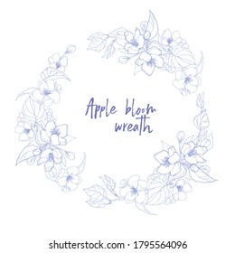 Vector wreath with apple flowers and leaves - hand-drawn illustration without fill. Color and size are easy editable. Perfect for your designs, textile, wedding and parties, scrap-booking, etc.