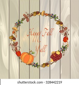 Vector wreath of autumn elements. Beautiful round wreaths of pumpkin, hedgehog, mushroom, apple, berry, branch, pepper and acorns. Decor for invitations, greeting cards, posters.