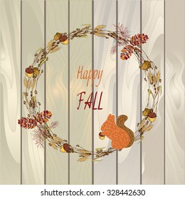 Vector wreath of autumn elements. Beautiful round wreaths of  acorns, cones, spicas, squirrel and branches. Decor for invitations, greeting cards, posters.