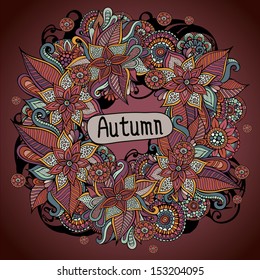 Vector wreath of autumn flowers and leaves card